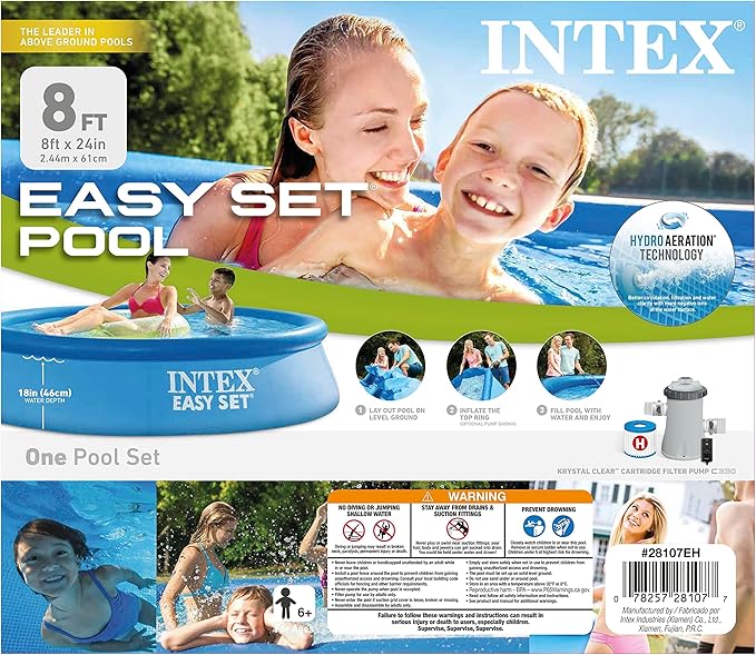 INTEX 28107EH Easy Set Inflatable Swimming Pool Set: 8ft x 24in – Includes 330 GPH Cartridge Filter Pump – Puncture-Resistant Material – 513 Gallon Capacity – 18in Water Depth