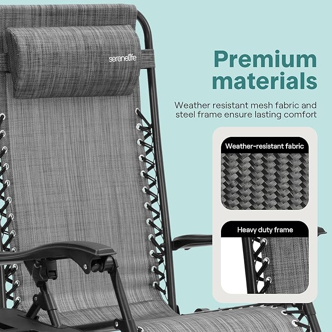 SereneLife Zero Gravity Chairs Set of 2 - Adjustable Steel Mesh Lawn Chairs - Outdoor Lounge Chairs with Detachable Cup Holder Tray - Foldable Outdoor Chair with Removable Pillows - Grey