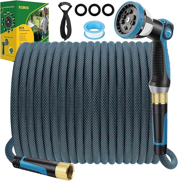 Non-Expandable Garden Hose 50 FT, Lightweight Hose with 10 Function Spray Nozzle, Kink-Free Flexible Water Hose, Durable, Leak-Proof, 360° Swivel Connectors, Portable Storage Strap