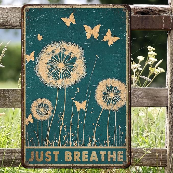 PEACHGARDEN Dandelion Vintage Metal Sign Butterflies Wall Decor Just Breathe Tin Sign for Home Office Living Room Bar Coffee 8x12inch
