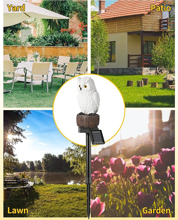 iStatue 4PC Solar Owl Garden Stake Lights Gifts for Women Mom Dad Mother's Day Realistic Resin Owl Outdoor Garden Decor, Warm Glow LED for Lawn Yard Pathway (4-Pack, Owl)