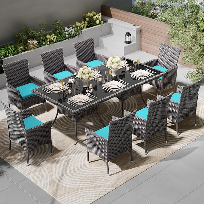 Kullavik 10-Piece Outdoor Dining Set Patio Rattan Furniture Set,Patio Dining Table and Chairs Set with 8 Chairs and Cushions,Square Glass Tabletop with Umbrella Hole for Patio,Blue