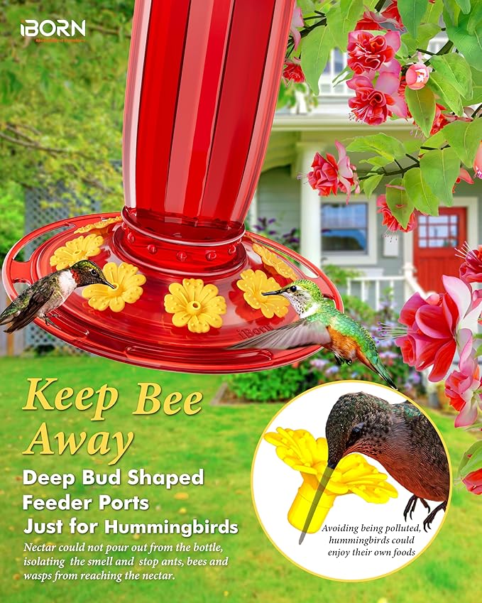 iBorn Hummingbird Feeders for Outdoors Hanging w/Sun Baffle,Ant Proof Moat for Hummingbird Feeder Glass, 8 Ports 16oz Humming Bird Nectar,Red Glass, Red Base,Pack of 1,2025 New