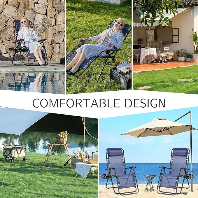 NEWBULIG Zero Gravity Chair Set of 2, Lounge Chair Folding Portable Adjustable Camping Reclining Chairs with Adjustable Pollow, Mesh Back, Cup Holder Trays Lawn Patio Chair for Pool Beach
