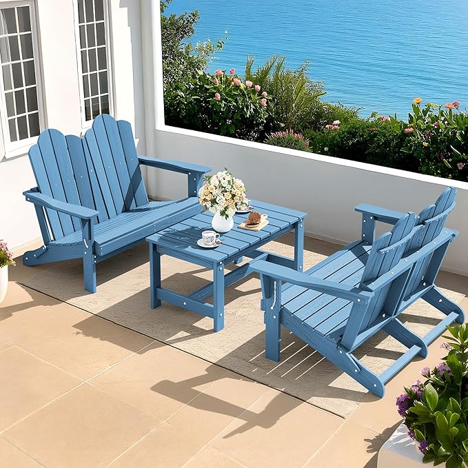 SERWALL Folding Adirondack Bench, HDPE All-Weather Adirondack Loveseat Set of 2, Navy