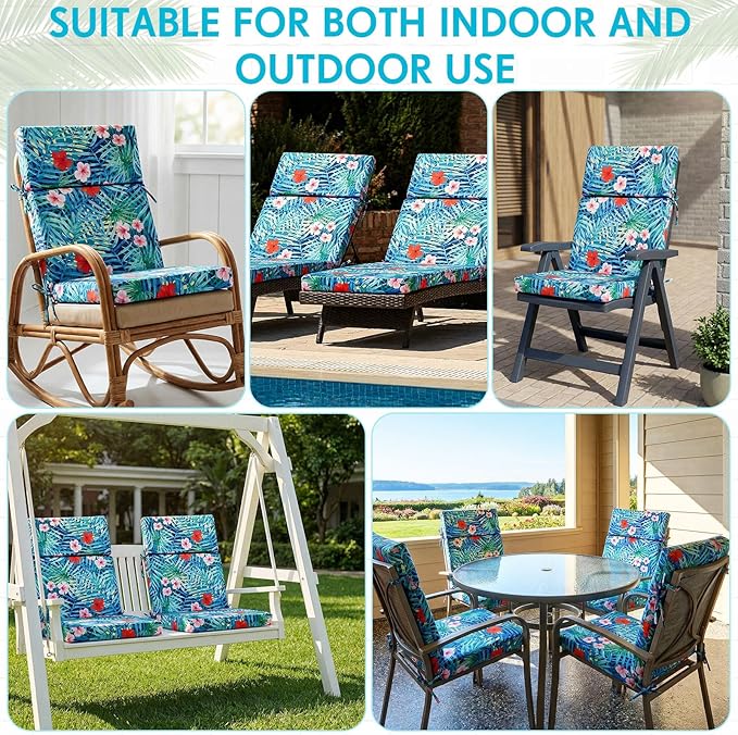 4 Pack Outdoor High Back Chair Cushion, 44 x 20 inches Patio Chair Cushions Waterproof Rocking Cushions Indoor Furniture Seat Pad, Weather Resistant (Plants,Blue)