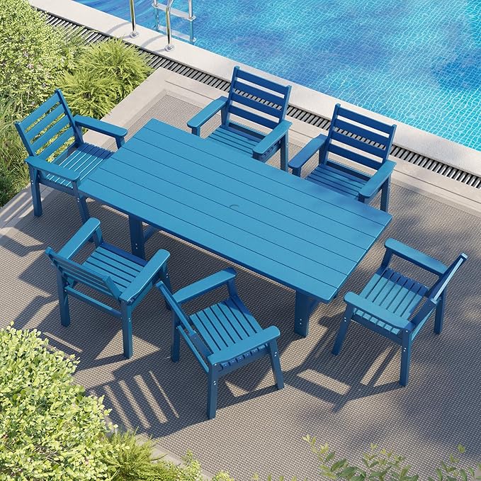 AMERLIFE 7-Piece HDPE Outdoor Dining Set with Umbrella Hole, 71" L Patio Table and Chairs Set for 6, Modern Garden Dining Set for Backyard, Poolside, Porch, Blue