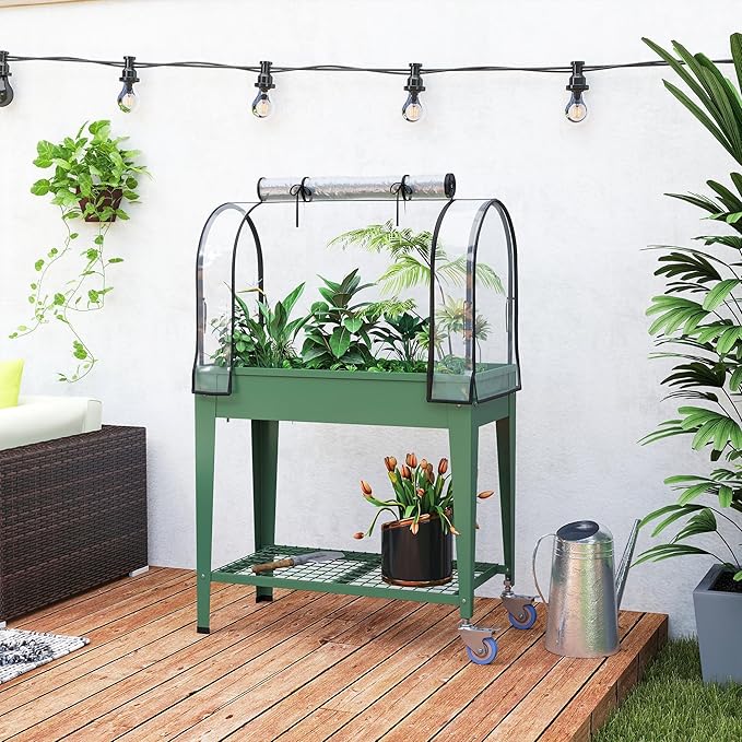 Outsunny Raised Garden Bed with Greenhouse Cover, Large Metal Outdoor Elevated Planter Box with Lockable Wheels, Storage Shelf and Drainage Hole for Vegetables, Flowers, Herbs, Green