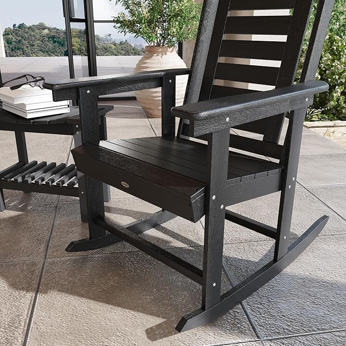 Outsunny Outdoor Rocking Chairs Set of 2, HDPE Patio Rocking Chairs with 28" High Back and Wide Armrests, All-Weather Slatted Porch Rockers for Garden, Balcony, Fire Pit, Black