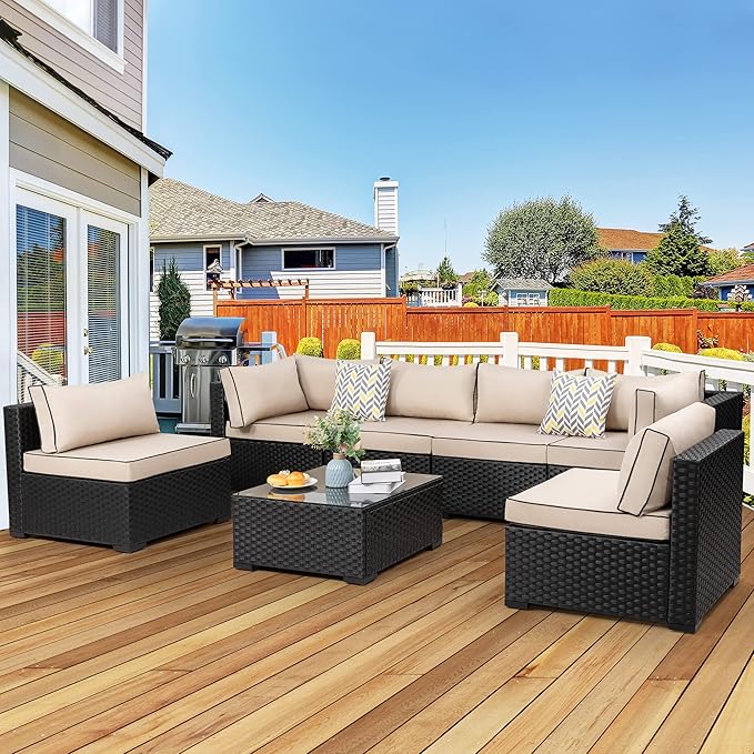 JAMFLY 7-Piece Outdoor Patio Furniture Set, Modular PE Rattan Sectional Sofa with Thick Cushions & Glass Coffee Table, Weather-Resistant Wicker Conversation Set for Poolside, Balcony, Garden, Khaki
