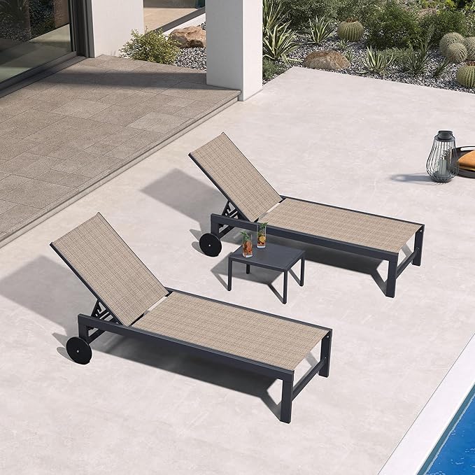 PURPLE LEAF Chaise Lounge Chair with Wheels for Outside 4 Pieces Aluminum Outdoor Lounge Chairs with 5 Adjustable Position Recliner for Patio Beach Yard Pool Side Table Included Camel