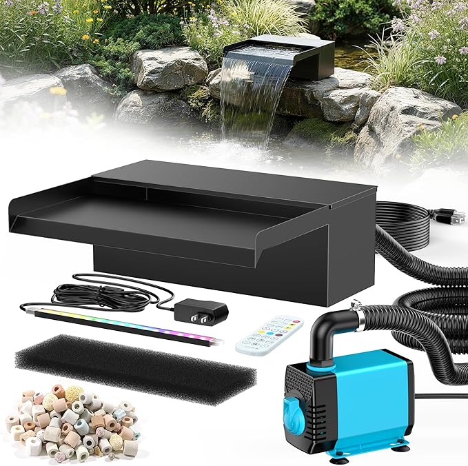 POPOSOAP 12inch Pond Waterfall Spillway with RGB LED Lights & 660GPH Pump Kit - APP/Remote Control, 304 Stainless Steel Pond Spillway with 9.8FT Tubing for Garden Ponds Landscape Water Features-P43DY