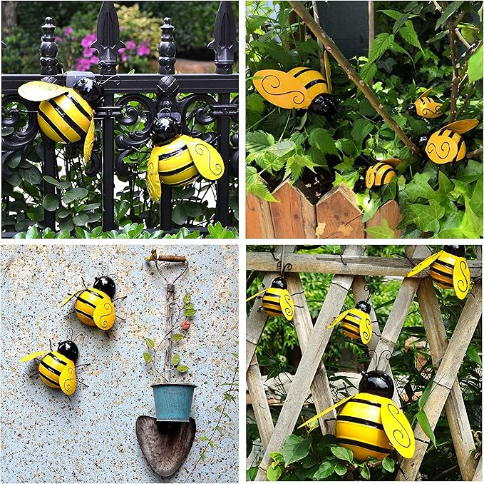 Yungeln Metal Wall Art, 4PCS Metal Bumble Bee Wall Decor, 3D Iron Bee Art Sculpture Hanging Wall Decorations for Outdoor Home Garden