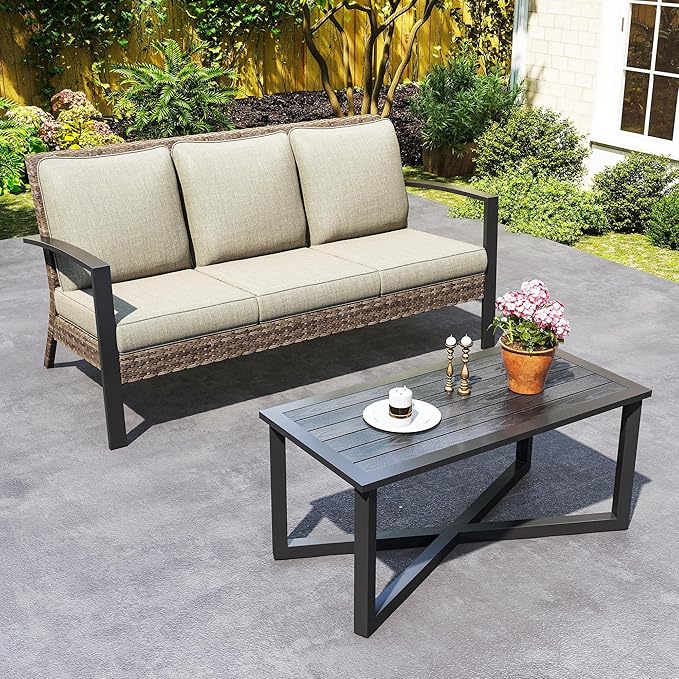Green4ever Patio Sofa with Coffee Table, Wicker Outdoor Couch with Cushions for Pool, Porch, Beige