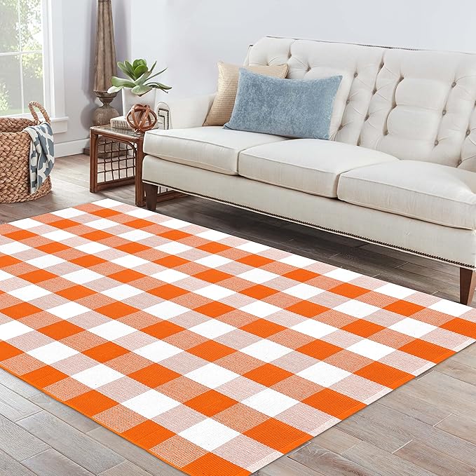 IOHOUZE Fall Buffalo Plaid Check Rug Outdoor Doormat 4x6 Ft Washable Woven Outdoor Indoor Welcome Mats for Front Door/Farmhouse/Entryway/Home Entrance Orange and White Outdoor Rug