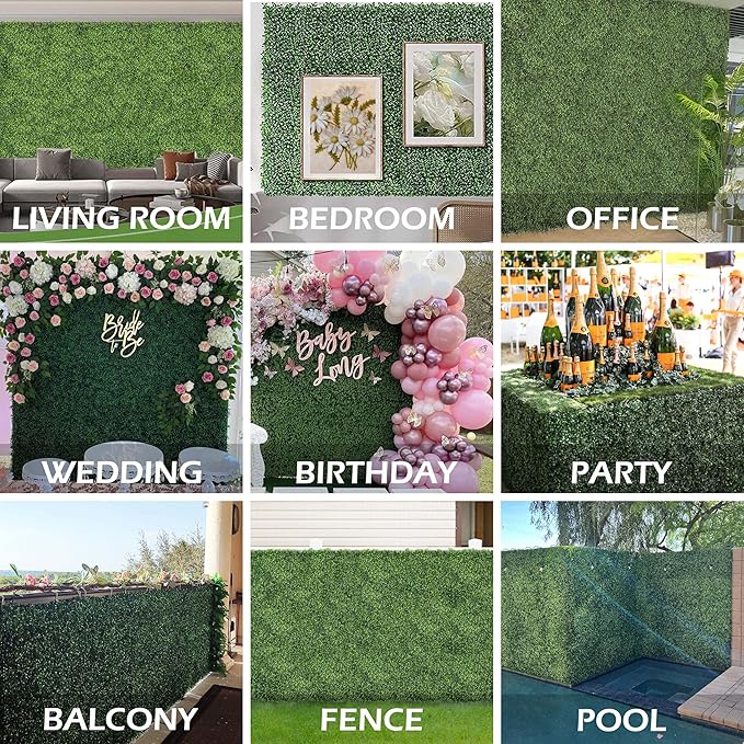 Grass Wall Panels, 10"x 10"(10pcs) 4-Layer Artificial Boxwood Faux Green Wall for Interior, Garden Party Wedding Backdrop, Indoor Outdoor Plant Wall Decor