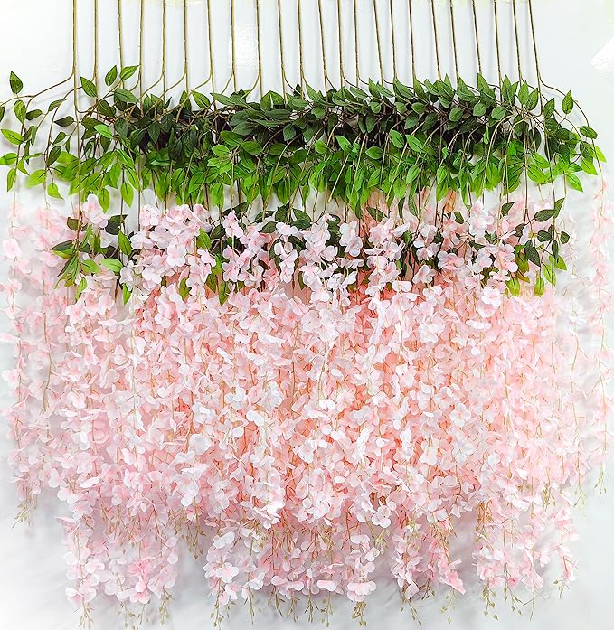 Wisteria Hanging Flowers 24 Pack Artificial Flowers Fake Wisteria Vine Rattan Hanging Garland Silk Flowers String for Party Home Wall Greenery Wedding Decor (Light Pink)