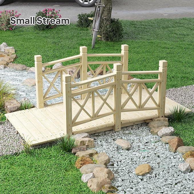 Outsunny 5 ft. Wooden Garden Bridge with Safety Rails, Backyard Bridge Footbridge for Ponds, Creeks, Streams, Nature Wood
