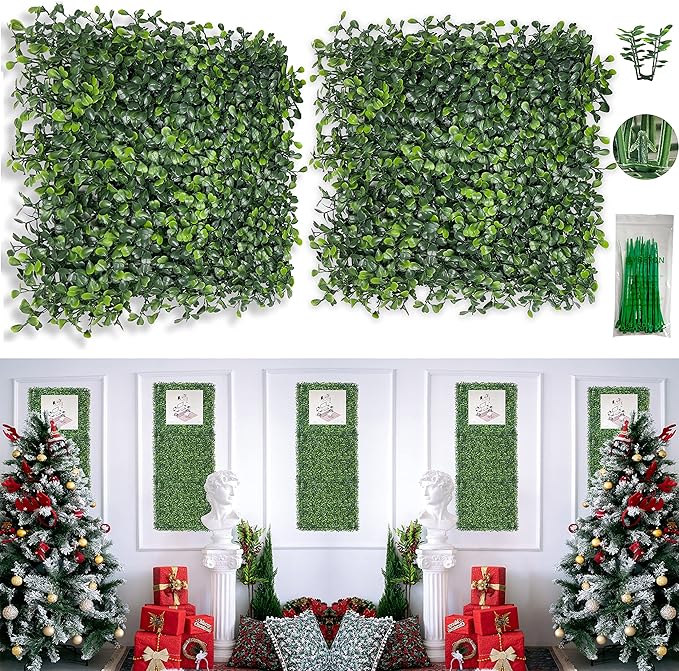Bybeton Artificial Grass Wall Panel,10"x 10"(12Pcs) Boxwood Faux Green Wall Panels for Interior Wall, Backdrop Wall,Garden Wall and Indoor Outdoor Plant Wall Decor