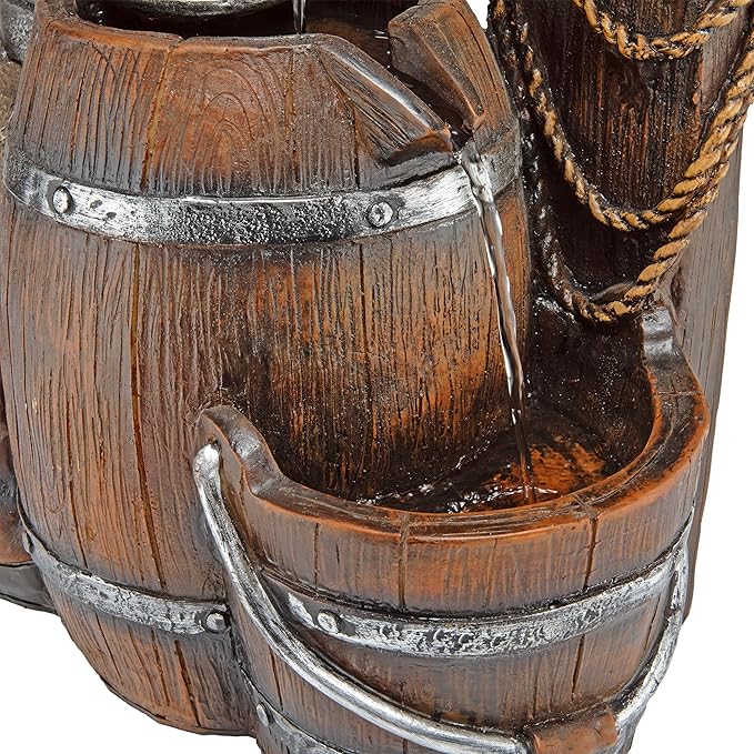 Alpine Corporation Outdoor Vintage Pump and Barrel with Cowboy Hat Fountain Yard Art Decor, 26" Tall, Brown