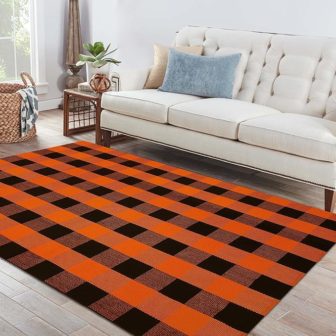 IOHOUZE Fall Buffalo Plaid Check Rug Outdoor Doormat 4x6 Ft Washable Woven Outdoor Indoor Welcome Mats for Front Door/Farmhouse/Entryway/Home Entrance Black and Orange Outdoor Rug