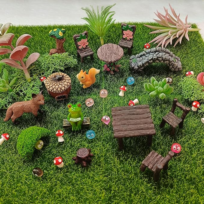 44 Pcs Fairy Garden Accessories, Miniature Table and Chairs Set, Miniature Figurines Mini Resin Animals House Bridge for Micro Landscape Potted Plant Terrarium Decor DIY Craft Gift
