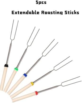 Marshmallow Roasting Sticks Set 5 Pcs with BBQ Gloves, Extendable 32in Long Metal Barbecue Skewers with Wooden Handle & A Pair of Grilling Gloves for Campfire Accessories