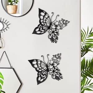 EZ4ENCE 2PCS Butterfly Decoration Wall Art Boho Wall Home Decor Hanging Appearance Wall Decor Metal Hanging Butterfly Decor Flower Wall Art for Bedroom Living Room Home Wall,Black(Large)