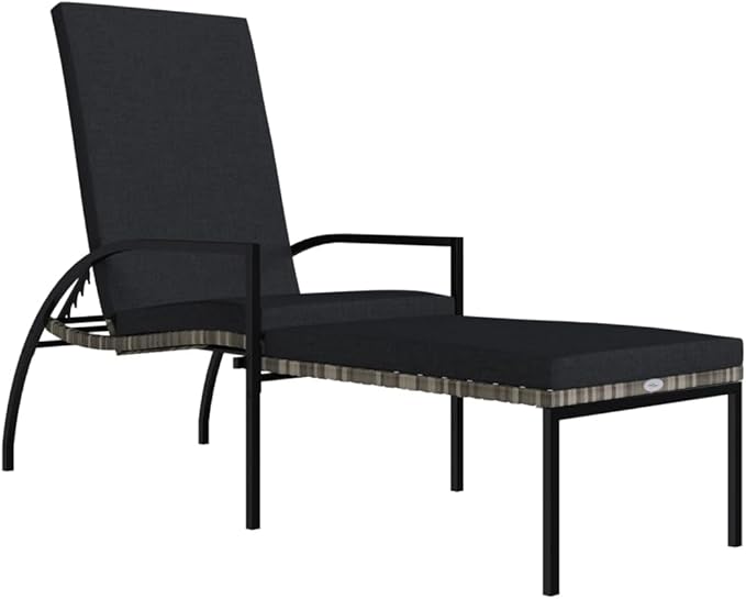vidaXL PE Rattan Sun Lounger with Footrest, Outdoor Lounge Chair with Adjustable Backrest and Armrests, Gray, Ideal for Patio, Pool, Balcony, and Garden