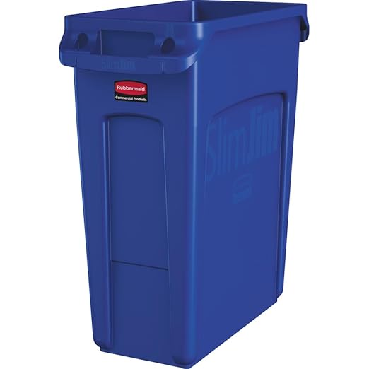 Rubbermaid Commercial Products Slim Jim Trash/Garbage Can with Venting Channels, 16-Gallon, Blue, for Kitchen/Office/Workspace, Pack of 4