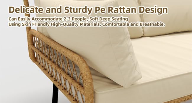 IDEALHOUSE 3-Piece Patio Furniture Set, All Weather Rattan Sofa with Tempered Glass Coffee Table and Thick Cushions, Sectional L-Shaped Patio Furniture for Deck, Poolside, Backyard, or Porch, Beige