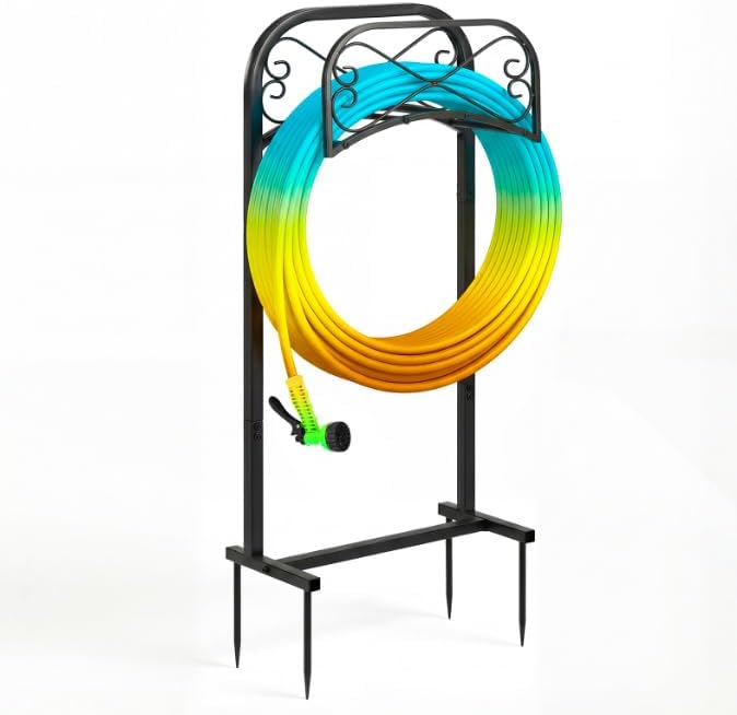 Gtongoko Garden Hose Holder for Outside With Upgrade 4 Prongs Base Detachable Metal Water Hose Holder Freestanding Heavy Duty Organizer Holds 150FT Stand Hanger for Outdoor Yard Black