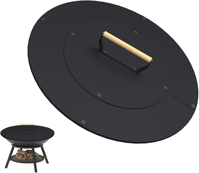 22" Wooden-handle Fire Pit Lid for Pits up to 20", Round Metal Bonfire Pit Burner Pan Cover, Smokeless Fire Pit Cover for Fire Tables, All-Weather Resistance Outdoor Firepit Accessory