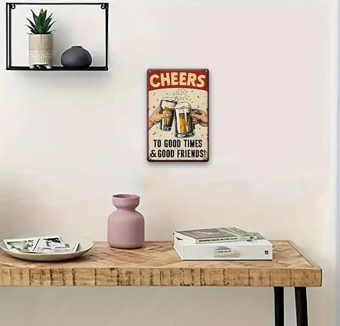 Vintage Beer Toast Metal Sign, Cheers to Good Times Design, 8 x 12 inches, Red
