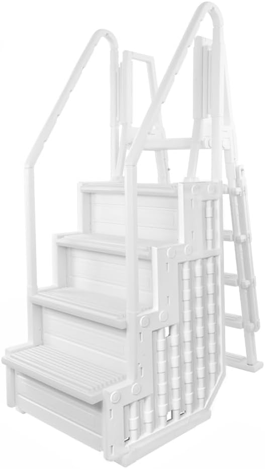 Aqua Select Anti-Slip in-Pool Steps with Outside Flip-Up Ladder | White | for Above Ground Swimming Pools | Can Mount to Decks 48" to 54" H | Safety Stairs Capacity Up to 350 lbs