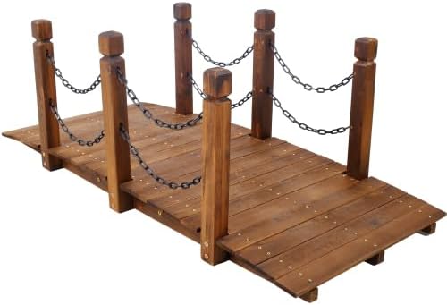 5 ft Wooden Garden Bridge with Chain Railings, 500 LBS Capacity Arch Bridge Stained Wood Arc Footbridge for Backyard Creek Farm, Decorative Pond Bridge