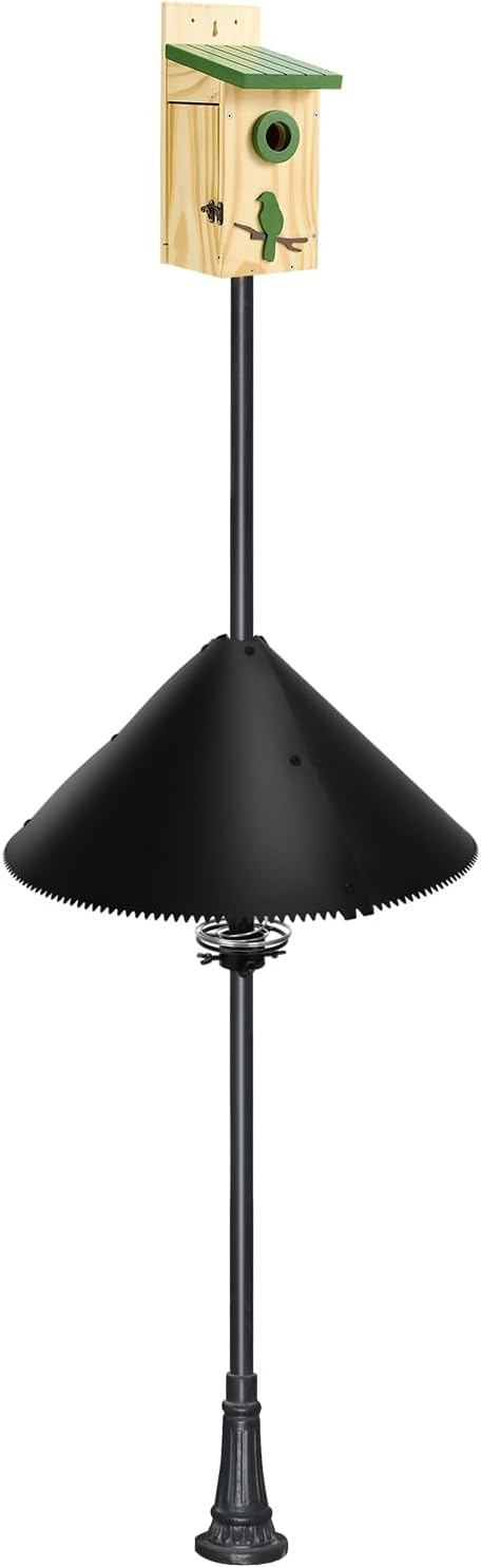 Squirrel Baffle for Bird Feeder Pole, Squirrel Guard with Mounting Bracket, Spring-Supported and Spiked Edge, for 1x1 Post, 19-Inch, Black