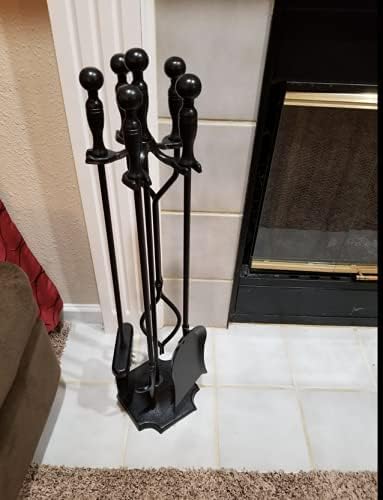 Rocky Mountain Goods 5 Pcs Fireplace Tool Set Black 31” Large - Shovel, Brush, Poker, Tongs, and Stand - Heavy Duty Wrought Iron - Decorative Finish - Ergonomic Ball handles