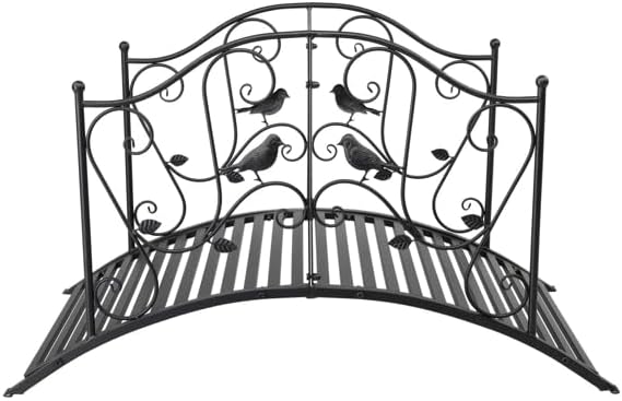 4 ft Metal Garden Bridge, Bird Pattern Arched Handrail Courtyard Iron Bridge Black