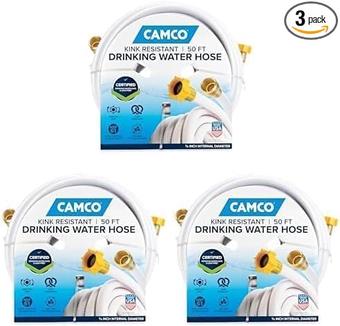 Camco TastePURE 50-Ft Water Hose-RV Drinking Water Hose Contains No Lead,No BPA&-No Phthalate-Features Diamond-Hatch Reinforced PVC Design-5/8” Inside Diameter,Made in the USA (22793),(Pack of 3)