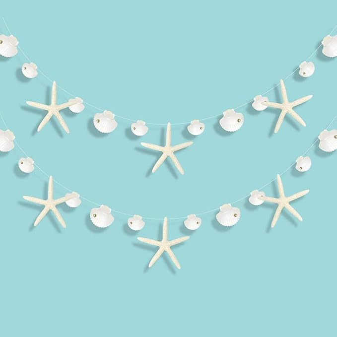 Decor365 White Finger Starfish Sea Shell Garland Ocean Coastal Nautical Party Decoration Starfish Cutouts Hanging Bunting Banner Under The Sea Mermaid Wish Birthday Beach Wedding Decor