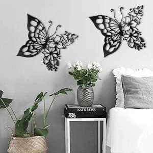 EZ4ENCE 2pcs Butterfly Decoration Boho Wall Art Hanging Appearance Metal Hanging Butterfly Decor Flower Wall Art for Bedroom Living Room Home, Black (Medium)