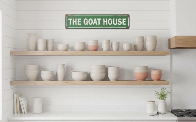 The Goat House Sign, Green Vintage Metal Farm Decor, 4x16 Inch Rustic Aluminum Sign for Goat Barn, Shed, Farmhouse Kitchen, Garden & Outdoor Animal Shelter