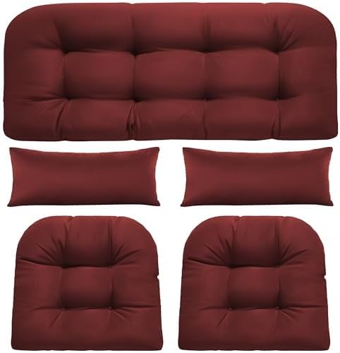 Wicker Chair Cushions of 5 Pieces, Waterproof Outdoor Loveseat Cushion for Wicker Furniture, 1 Love Seat Cushion, 2 U-Shape and 2 Lumbar Pillows for Patio Furniture (Red)