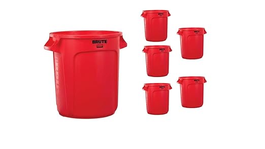 Rubbermaid Commercial Products BRUTE Heavy-Duty Round Trash/Garbage Can, 10-Gallon, Red, Outdoor Waste Container for Landscapers/Construction/Restaurants/Back of House/Offices/Warehouses, Pack of 6