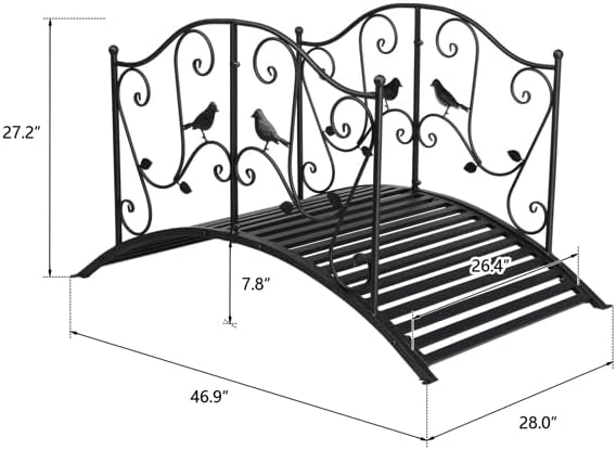4 ft Metal Garden Bridge, Bird Pattern Arched Handrail Courtyard Iron Bridge Black