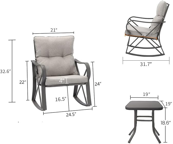 COSIEST 3 Piece Bistro Set Patio Rocking Chairs Outdoor Furniture w Warm Gray Cushions, Glass-Top Table for Garden, Pool, Backyard