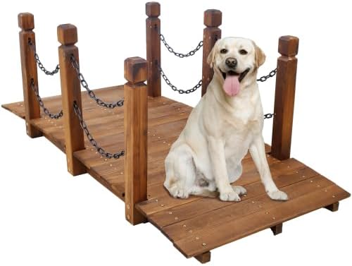 5 ft Wooden Garden Bridge with Chain Railings, 500 LBS Capacity Arch Bridge Stained Wood Arc Footbridge for Backyard Creek Farm, Decorative Pond Bridge