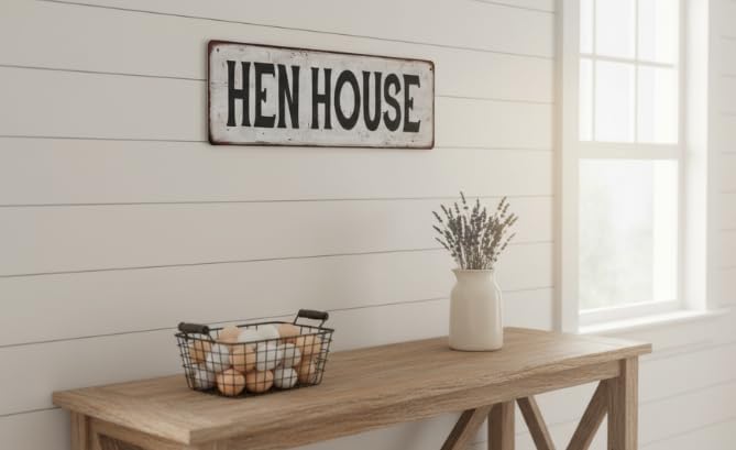 Vintage Style Hen House Metal Sign, Rustic Farmhouse Wall Decor, 4 x 16 inches