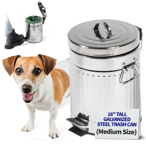 Pet Fit For Life - Steel Trash Can with Lid, Steel Galvanized Trash Can, Step Foot Pedal, Plastic Inner Lining, Custom Liner Bags, Weather-Resistant Outdoor Bin for Yard, 16" Tall, 12L/3.2 Gallons